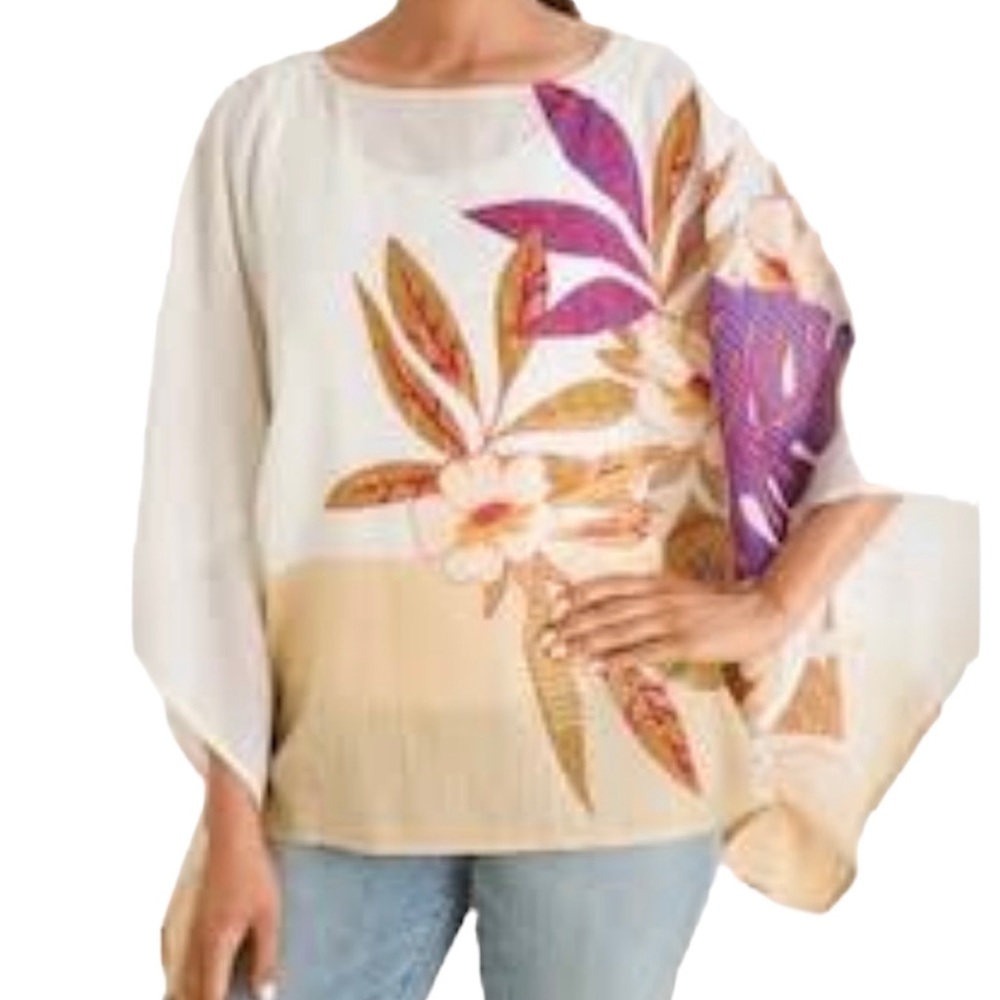 Chico’s XL Lightweight Cotton Poncho Foliage Print Relaxed Boho Top EUC